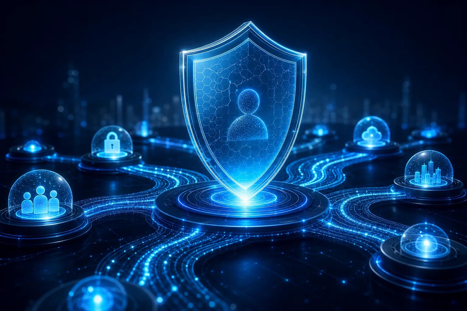 Luminous shield protecting connected data streams on a dark blue platform grid