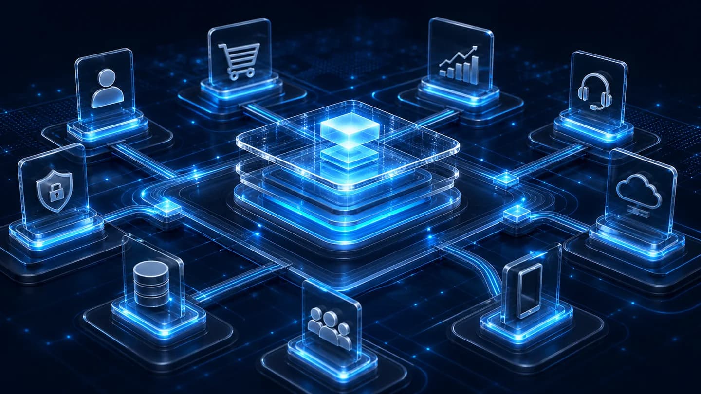 Modular digital platform layers connected by luminous blue infrastructure paths